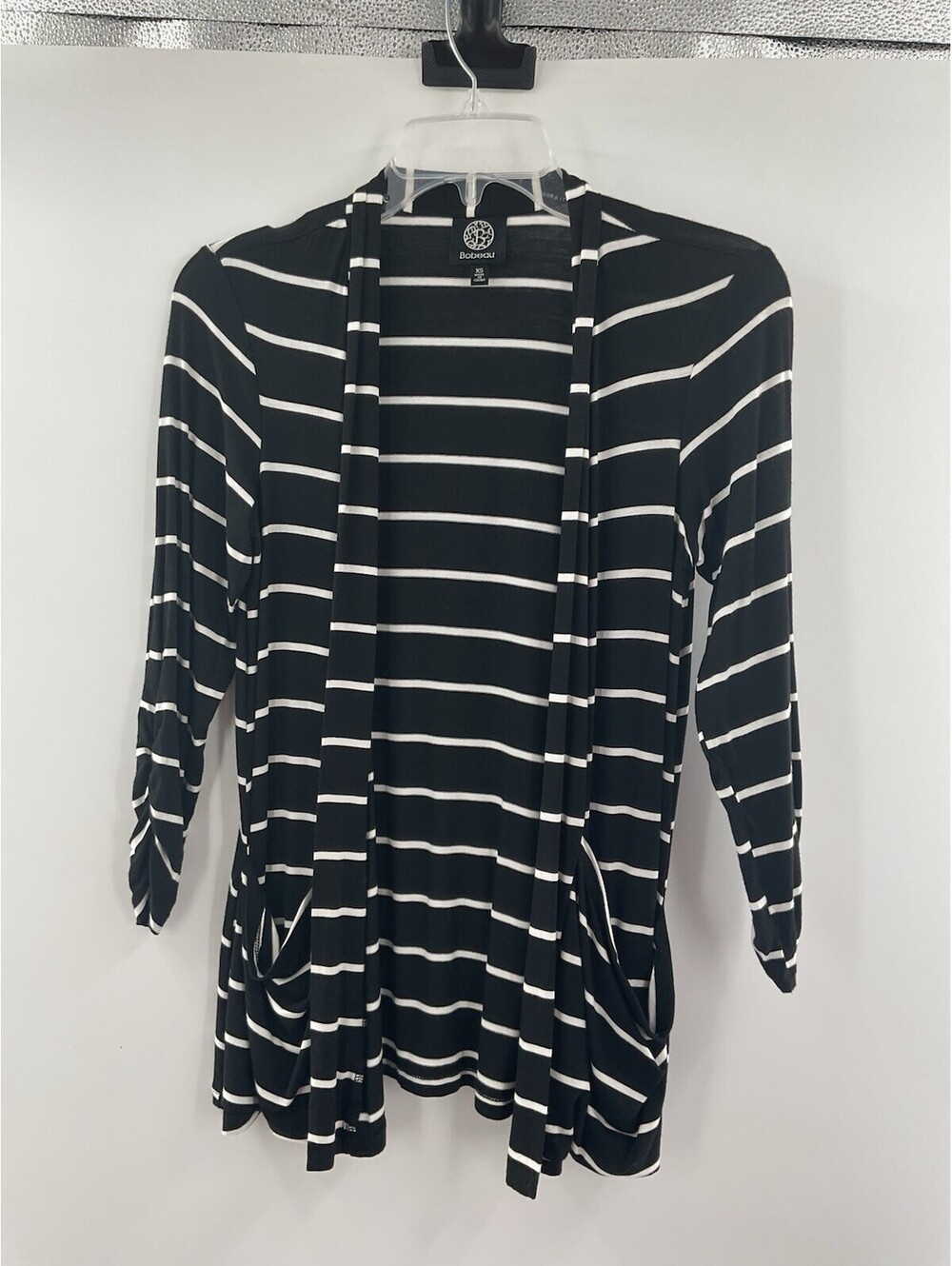 Bobeau Women’s striped extra small cardigan black with white stripes 091